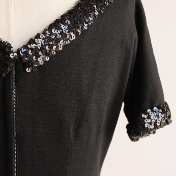 Vintage 1960s Dress / Black Wiggle Dress with Pockets and Sequin Trim / V Neck - Picture 9 of 10